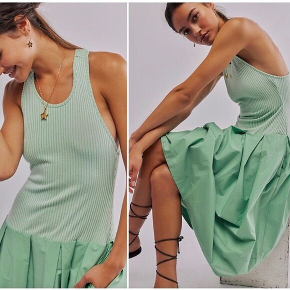 NWOT Free People Drops Of Venus Mint Green Sleeveless Midi Dress Sz XS oversized - Picture 1 of 16